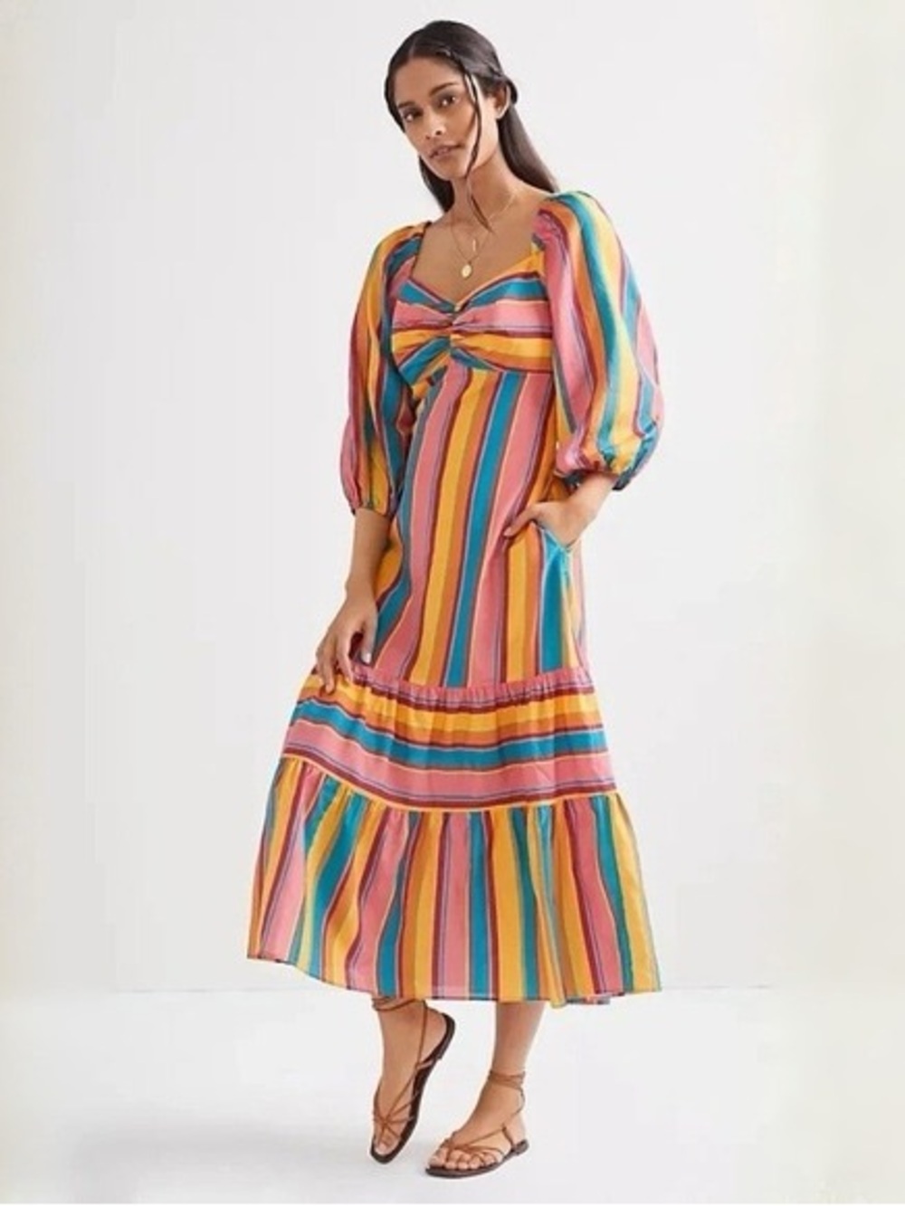 FARM Rio Multicolor Striped Midi Dress with Puff Sleeves